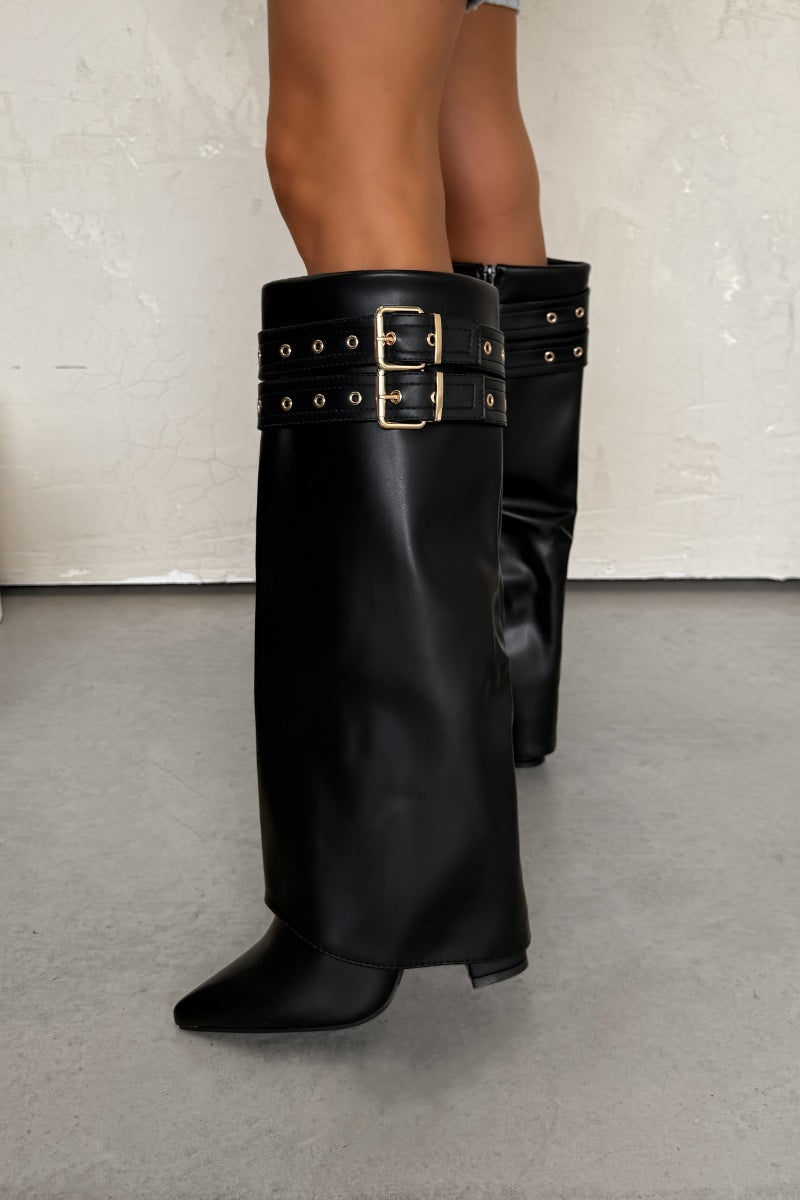 KOURTNEY Fold Over Shark Heeled Boots - Black PU - 2