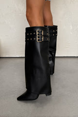 KOURTNEY Fold Over Shark Heeled Boots - Black PU - 2