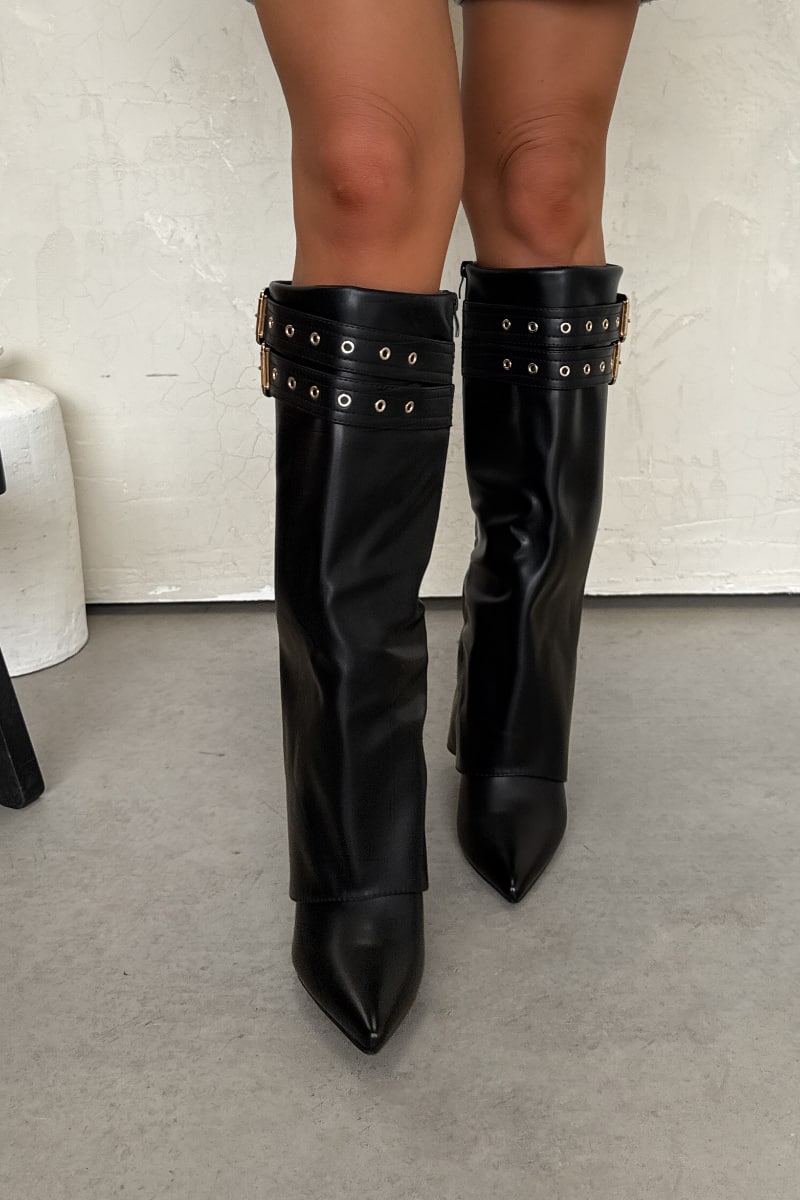 KOURTNEY Fold Over Shark Heeled Boots - Black PU - 4