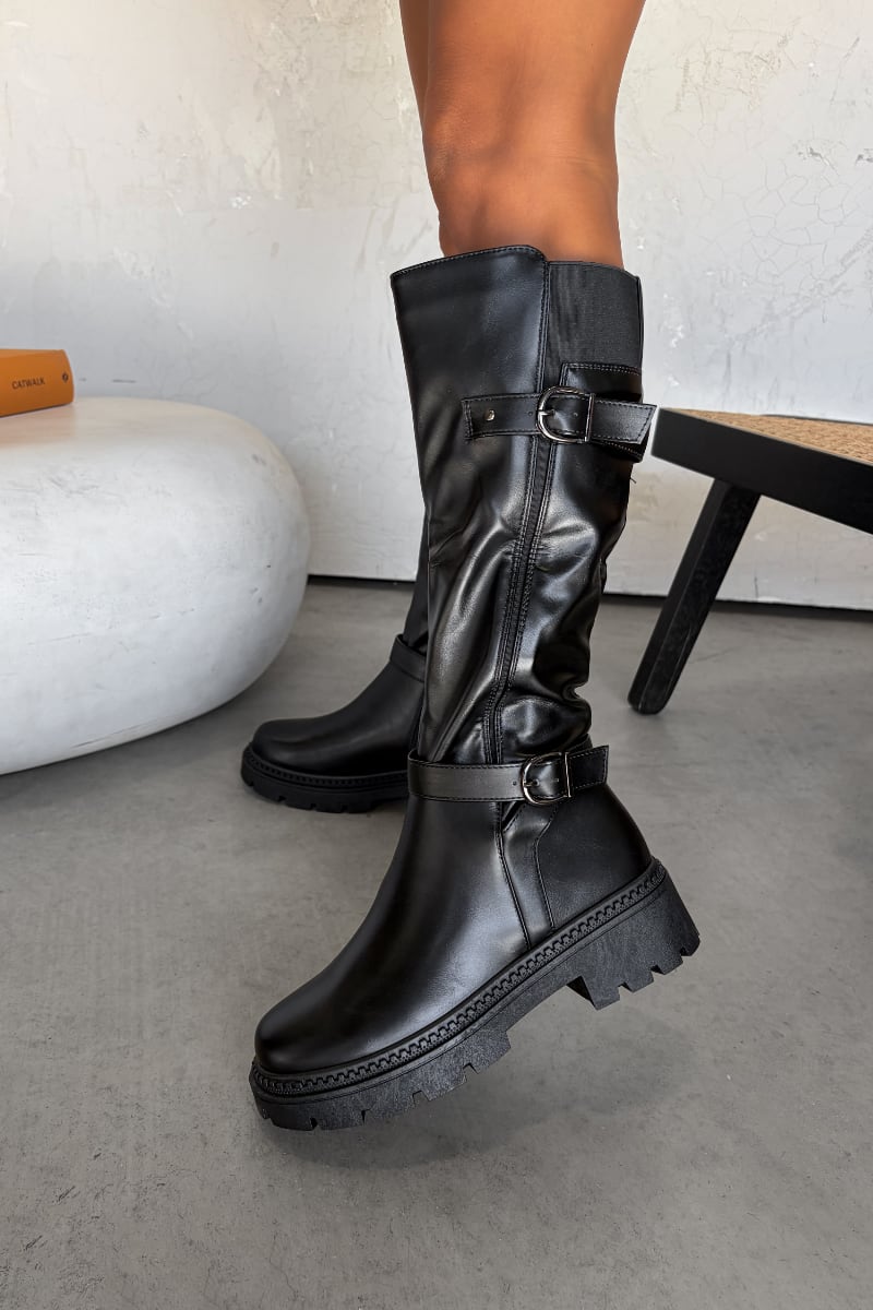LAINE Buckle Detail Platform Boots - Black