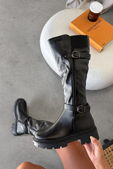 LAINE Buckle Detail Platform Boots - Black - 3