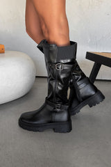LAINE Buckle Detail Platform Boots - Black - 4