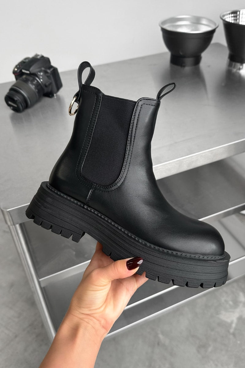 LARNA Chunky Platform Chelsea Ankle Boots - Black PU