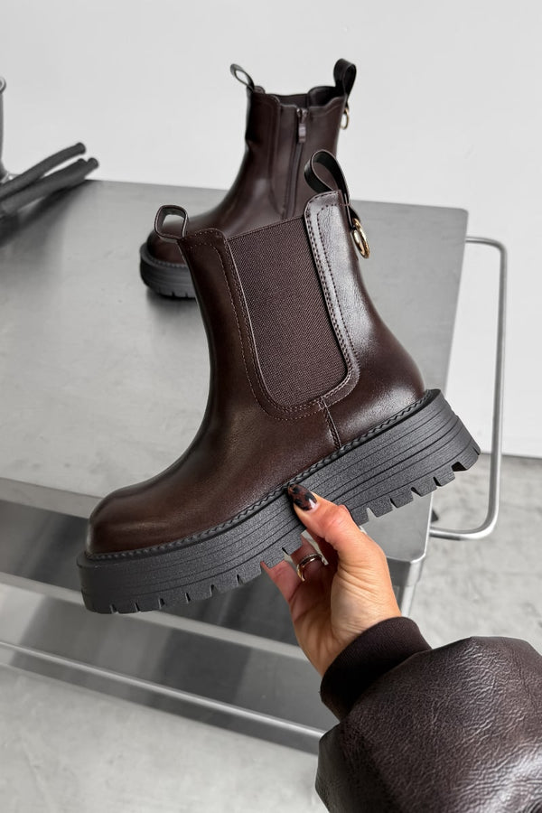 LARNA Chunky Platform Chelsea Ankle Boots - Brown PU