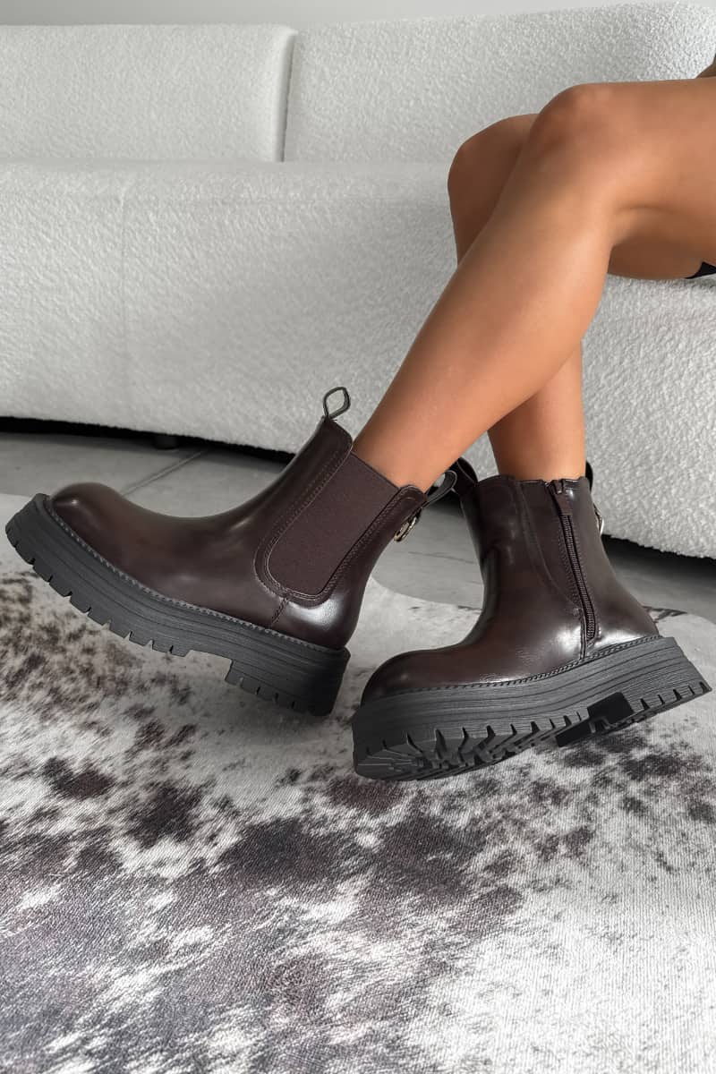 LARNA Chunky Platform Chelsea Ankle Boots - Brown PU - 1