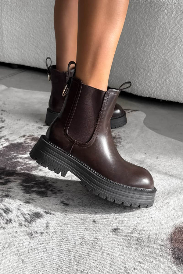 LARNA Chunky Platform Chelsea Ankle Boots - Brown PU - 3