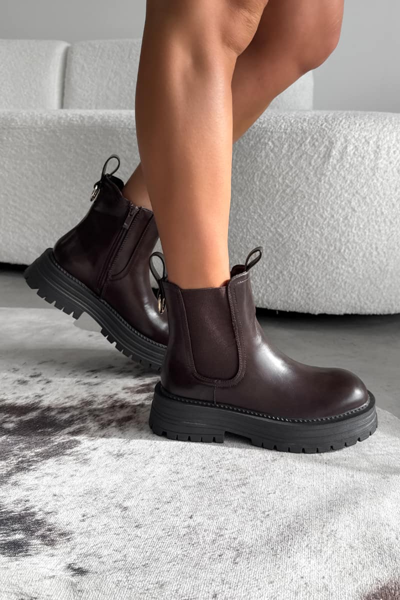 LARNA Chunky Platform Chelsea Ankle Boots - Brown PU - 4