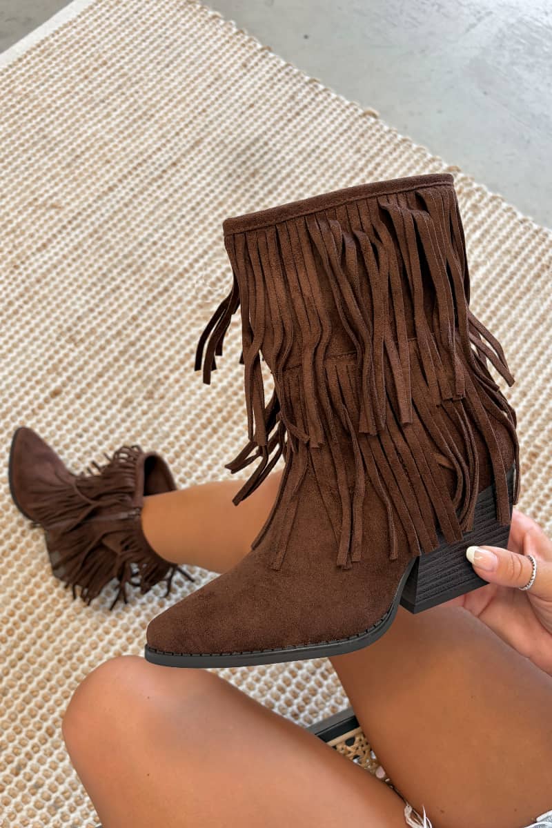 LAUREL Western Tassel Ankle Cowboy Boots - Brown