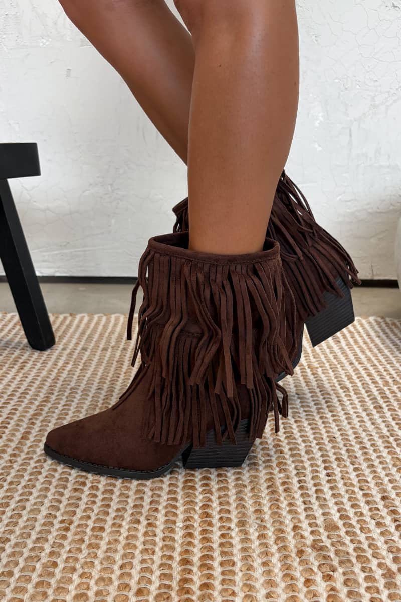 LAUREL Western Tassel Ankle Cowboy Boots - Brown - 1