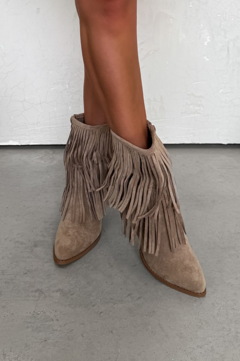 LAUREL Western Tassel Ankle Cowboy Boots - Beige - 2