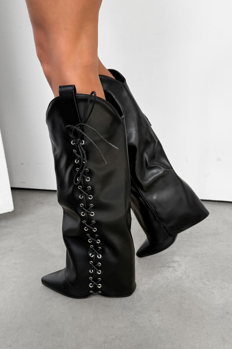 LEAH Knee High Lace Up Boots - Black PU