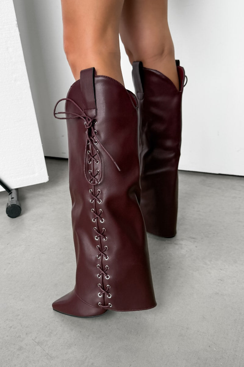 LEAH Knee High Lace Up Boots - Burgundy PU