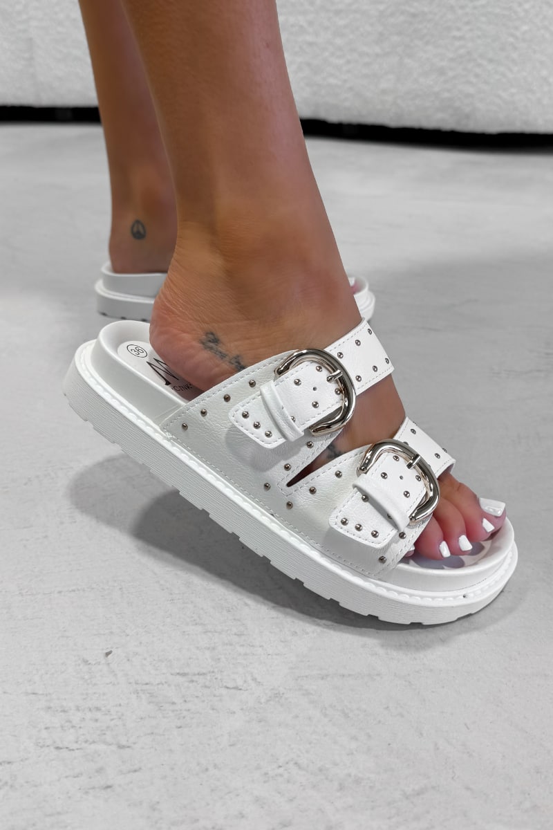 MIA Chunky Studded Buckle Sandals - White - 5