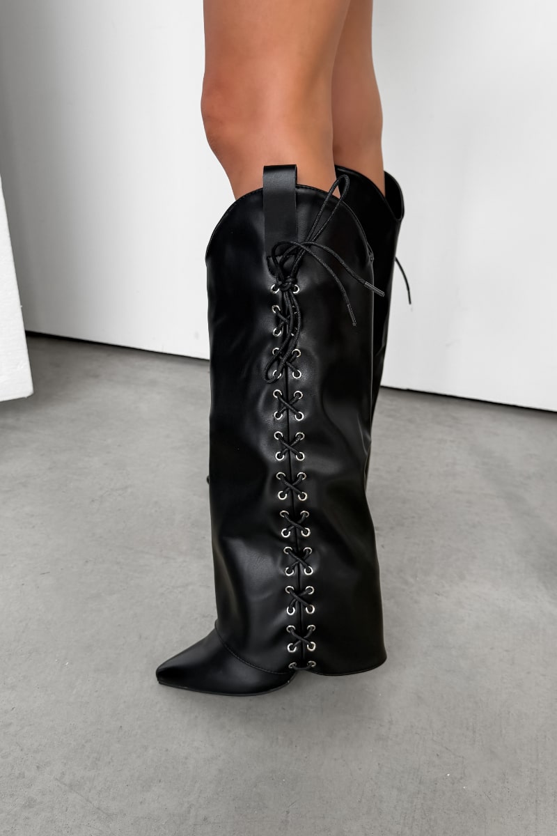 LEAH Knee High Lace Up Boots - Black PU - 3