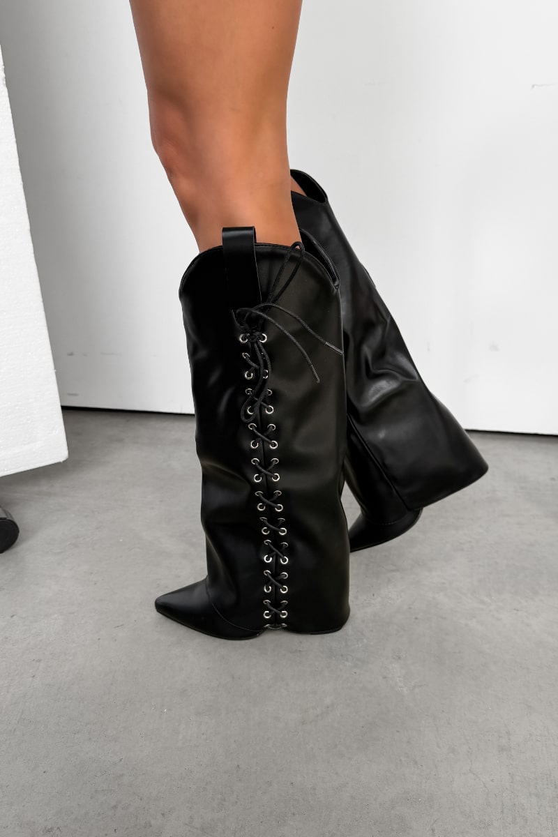 LEAH Knee High Lace Up Boots - Black PU - 2