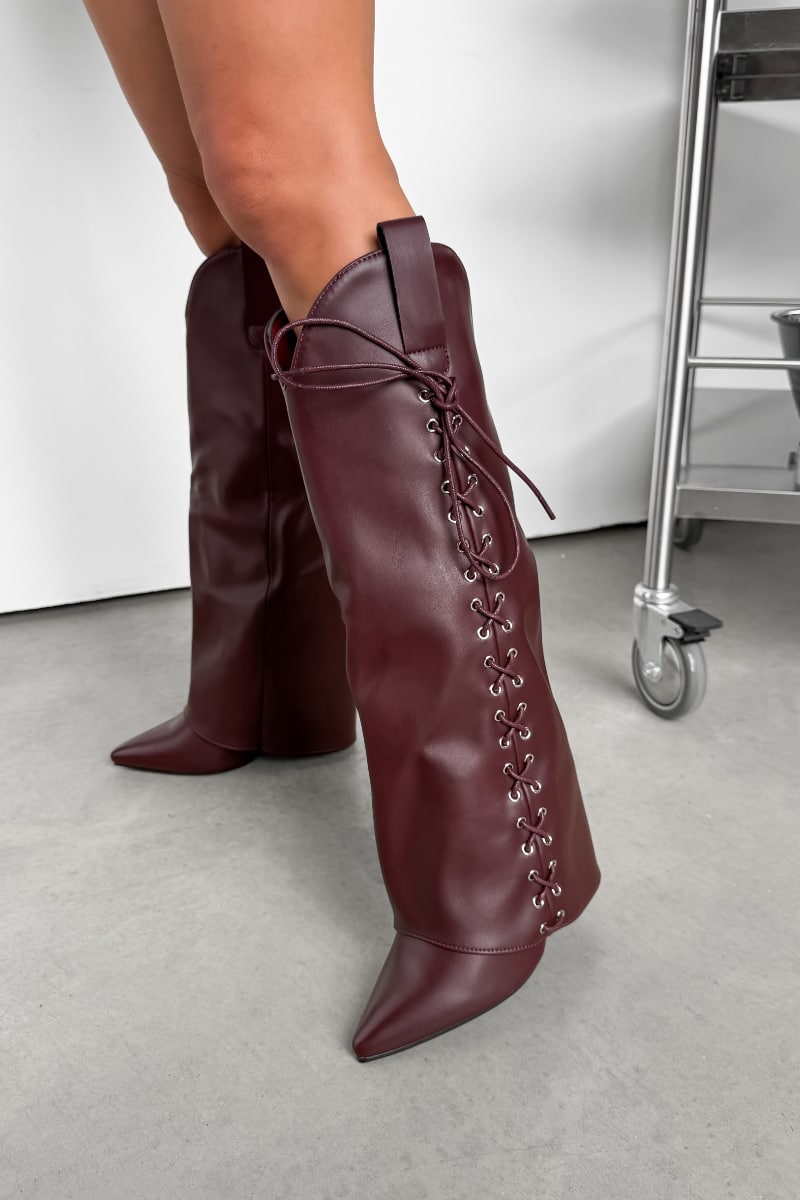 LEAH Knee High Lace Up Boots - Burgundy PU