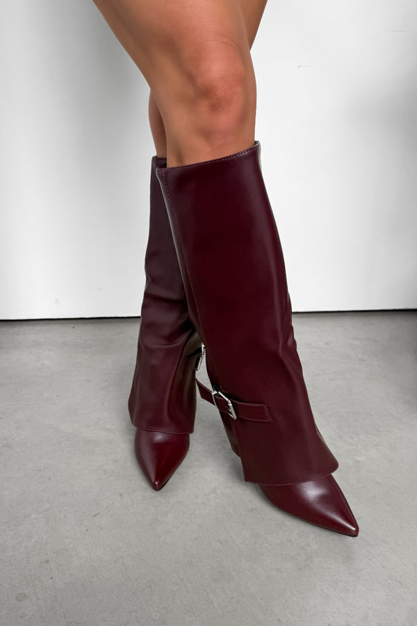 KARLEY Knee High Buckle Boots - Burgundy PU - 3