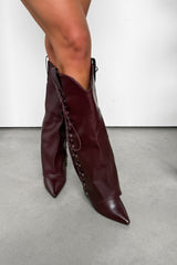 LEAH Knee High Lace Up Boots - Burgundy PU - 4