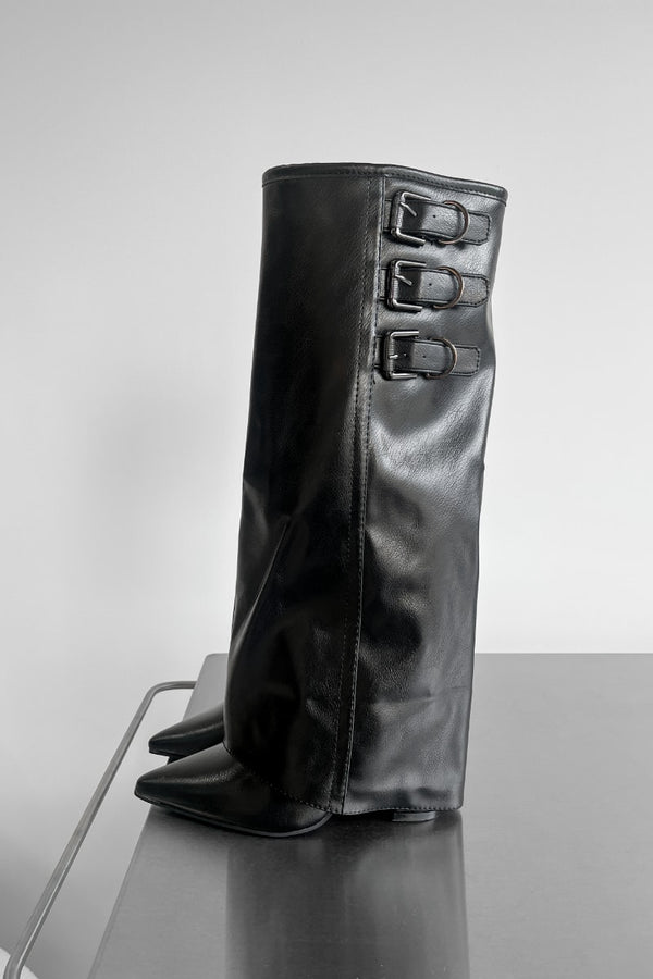 LENA Knee High Buckle Boots - Black