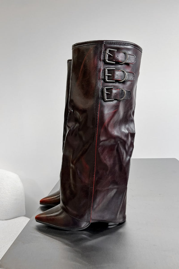 LENA Knee High Buckle Boots - Burgundy PU - 1