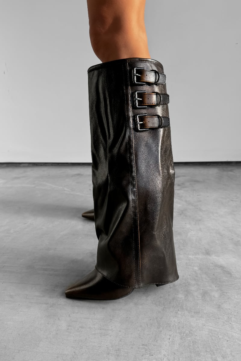 LENA Knee High Buckle Boots - Brown - 3