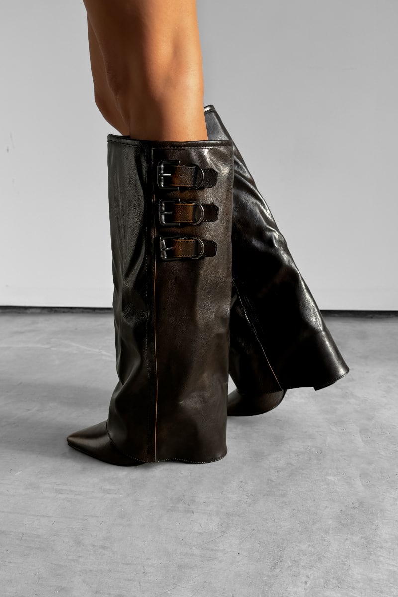 LENA Knee High Buckle Boots - Brown - 4
