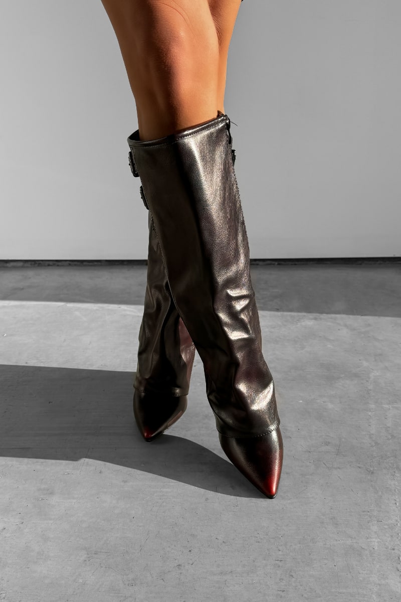 LENA Knee High Buckle Boots Burgundy PU – AJ VOYAGE