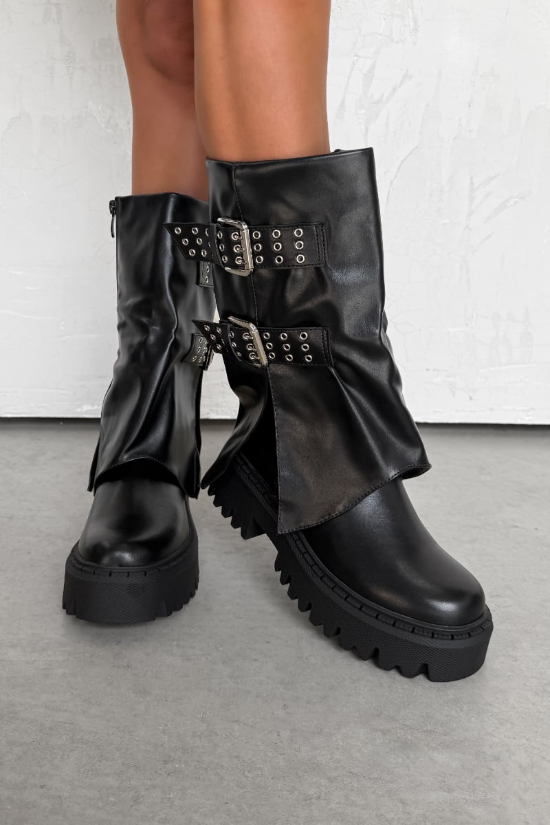 LEVEL UP Studded Flared Chunky Boots - Black - 2
