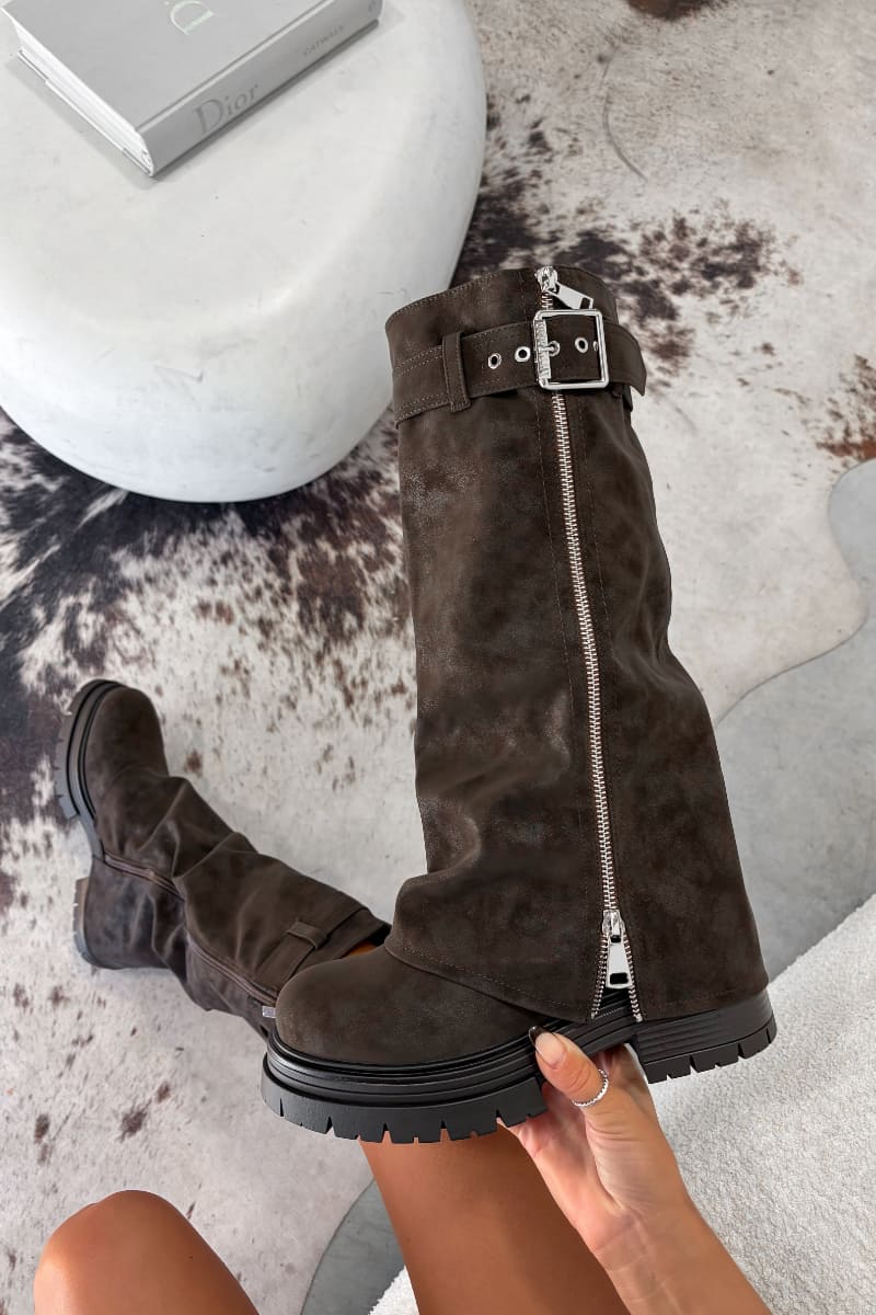 LEVEL UP Flared Chunky Zip Boots - Brown -1