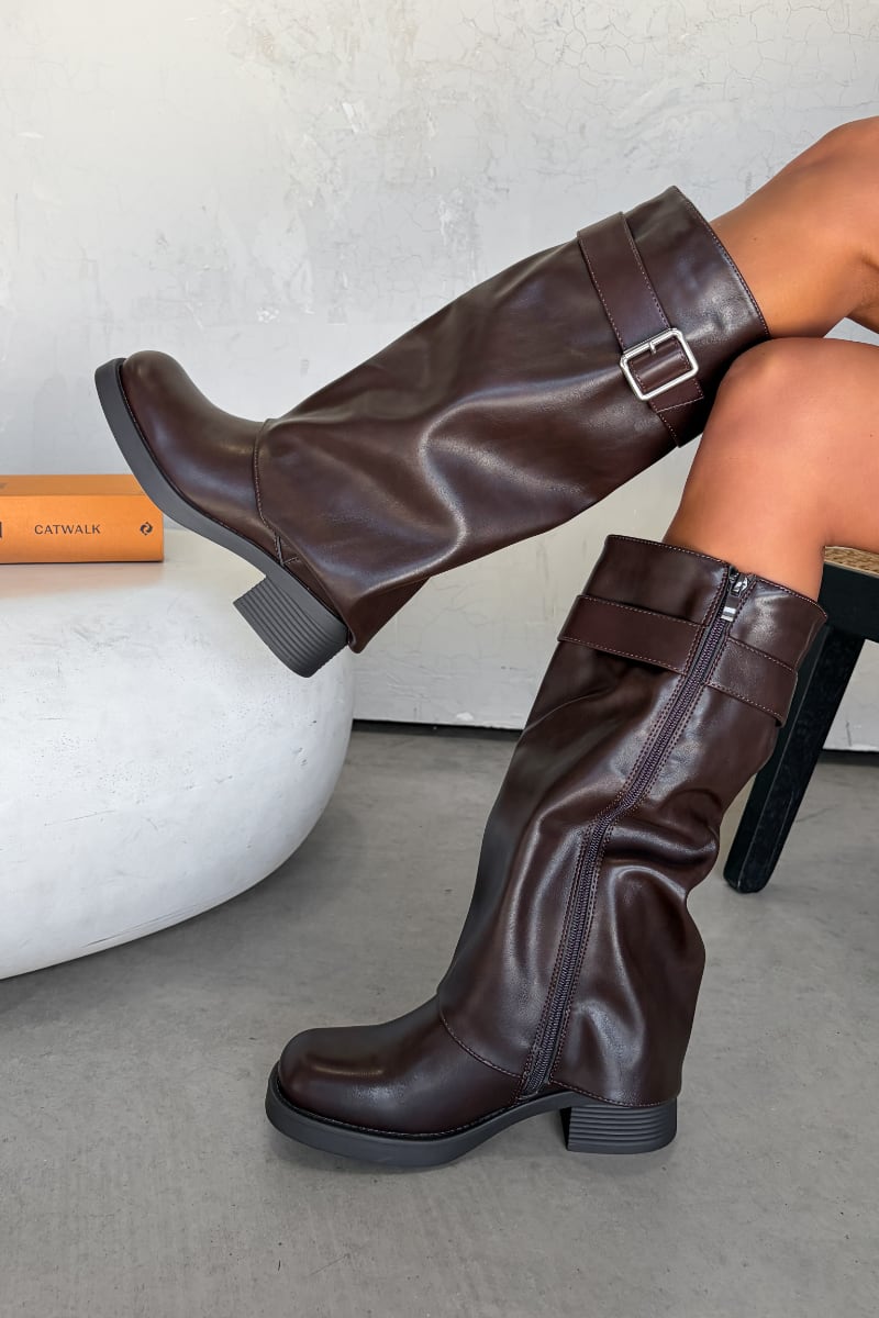 LIBBY Flared Knee High Boots - Brown PU - 1