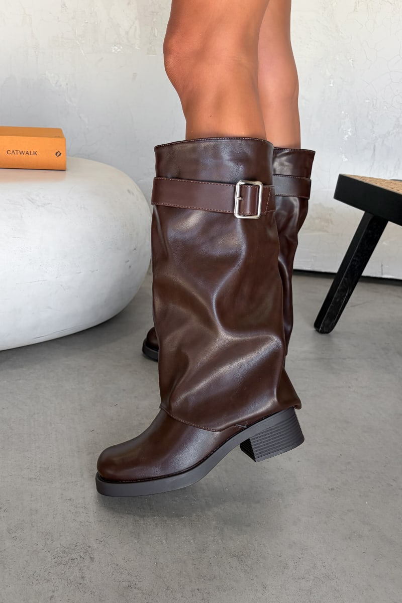 LIBBY Flared Knee High Boots - Brown PU