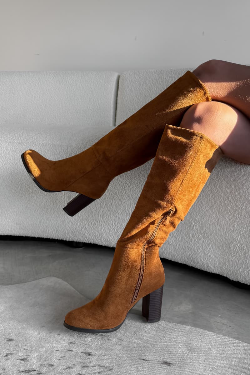 LIBBY Knee High Suede Boots - Camel - 3
