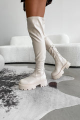 LIBERTY Chunky Over The Knee Boots - Cream PU - 2