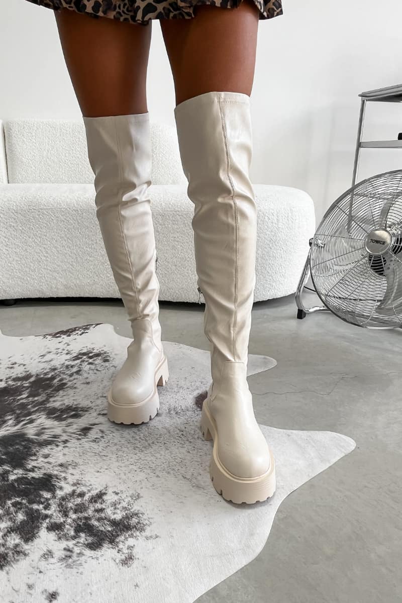 LIBERTY Chunky Over The Knee Boots - Cream PU