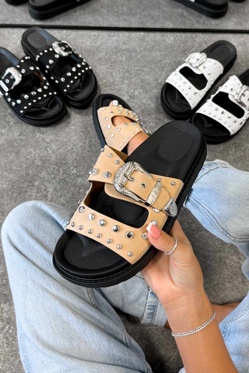 LIBERTY Chunky Studded Western Buckle Sandals - Beige - 5