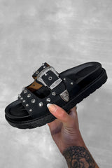 LIBERTY Chunky Studded Western Buckle Sandals - Black-2