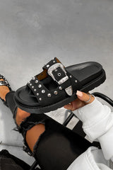 LIBERTY Chunky Studded Western Buckle Sandals - Black