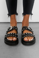 LIBERTY Chunky Studded Western Buckle Sandals - Black-1