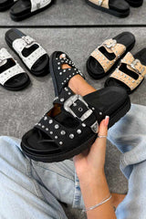 LIBERTY Chunky Studded Western Buckle Sandals - Black - 4
