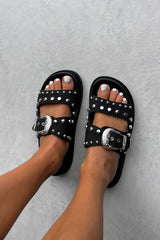 LIBERTY Chunky Studded Western Buckle Sandals - White - 4