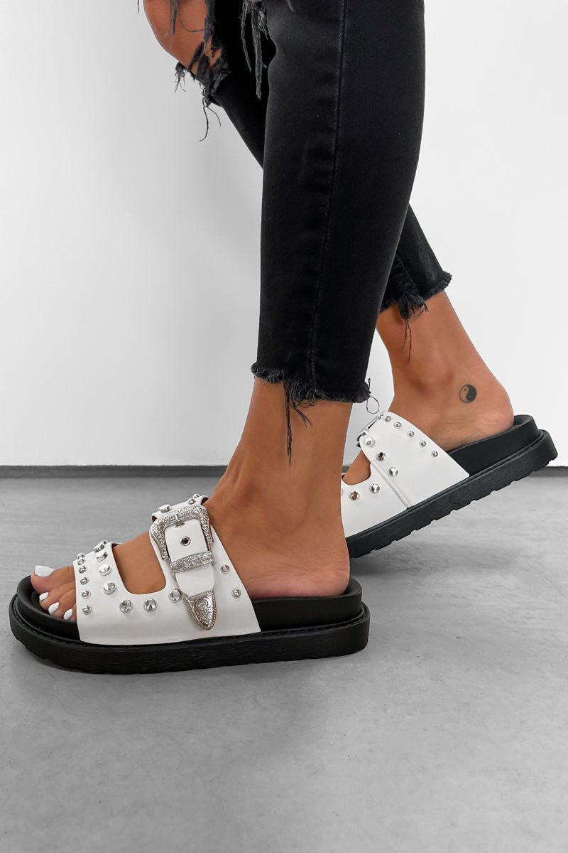LIBERTY Chunky Studded Western Buckle Sandals - White-2