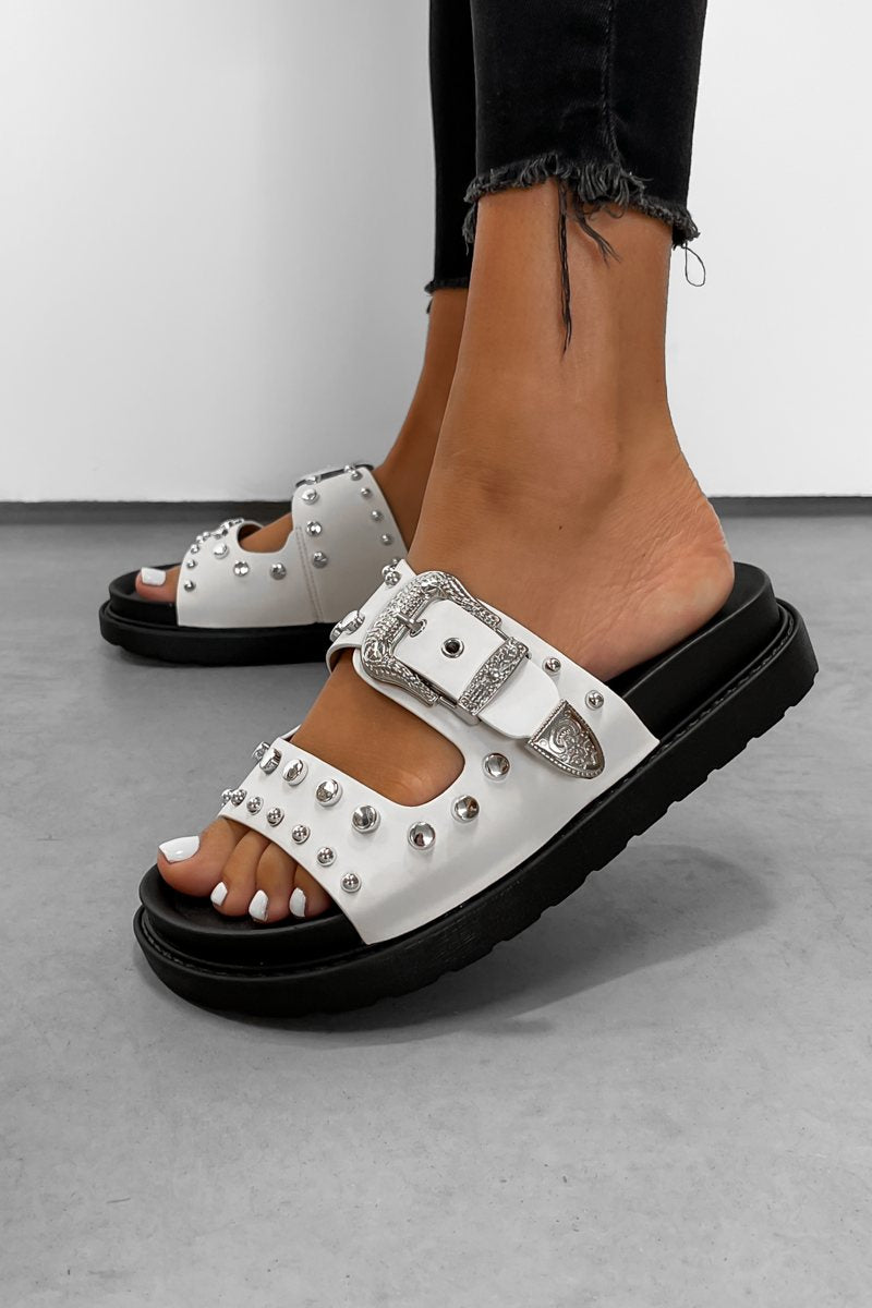 LIBERTY Chunky Studded Western Buckle Sandals - White-1