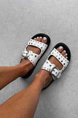 LIBERTY Chunky Studded Western Buckle Sandals - White - 6