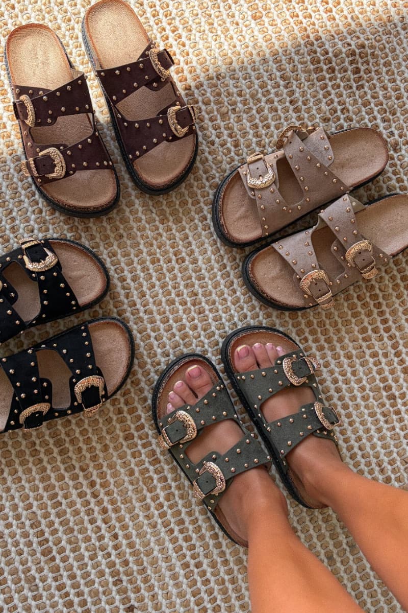 LILA Chunky Studded Buckle Sandals - Khaki - 2