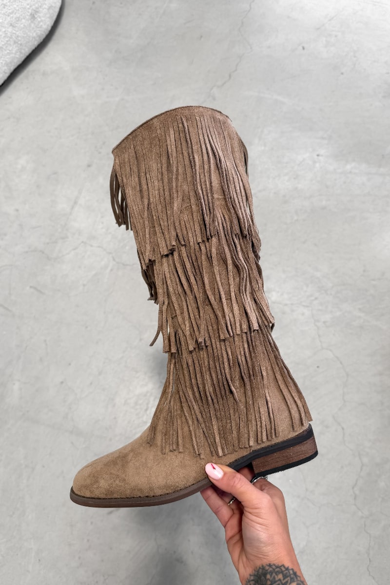LIVVY Western Fringe Tassel Cowboy Boots - Beige