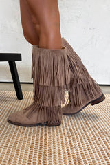 LIVVY Western Fringe Tassel Cowboy Boots - Beige - 3