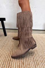 LIVVY Western Fringe Tassel Cowboy Boots - Beige - 4