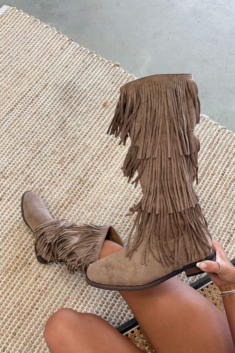 LIVVY Western Fringe Tassel Cowboy Boots - Beige