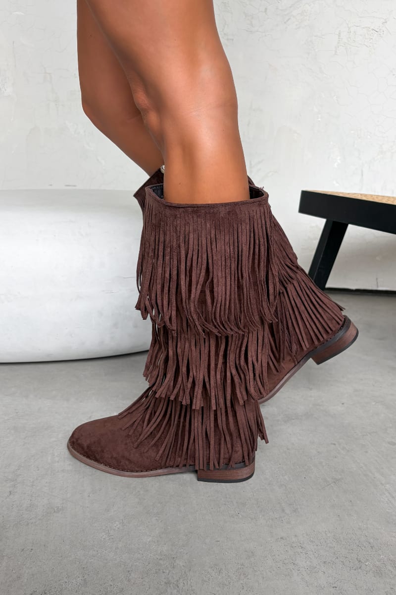 LIVVY Western Fringe Tassel Cowboy Boots - Brown