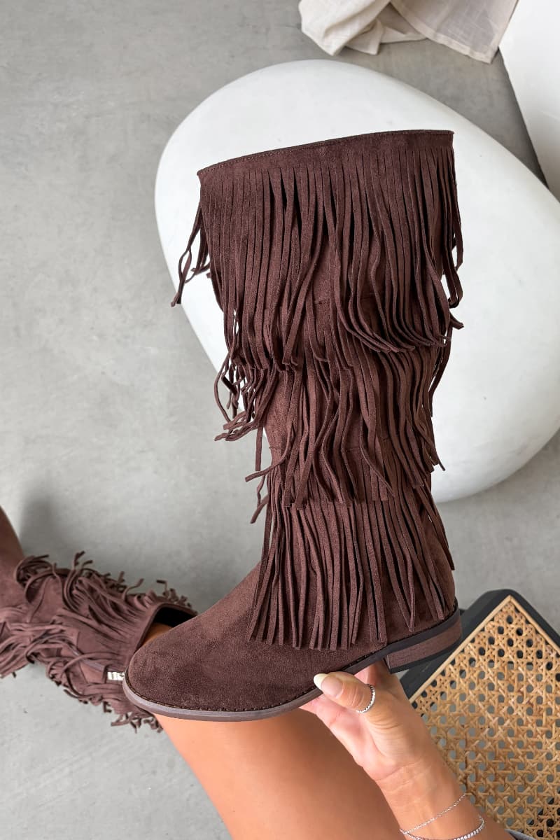 LIVVY Western Fringe Tassel Cowboy Boots - Brown - 3